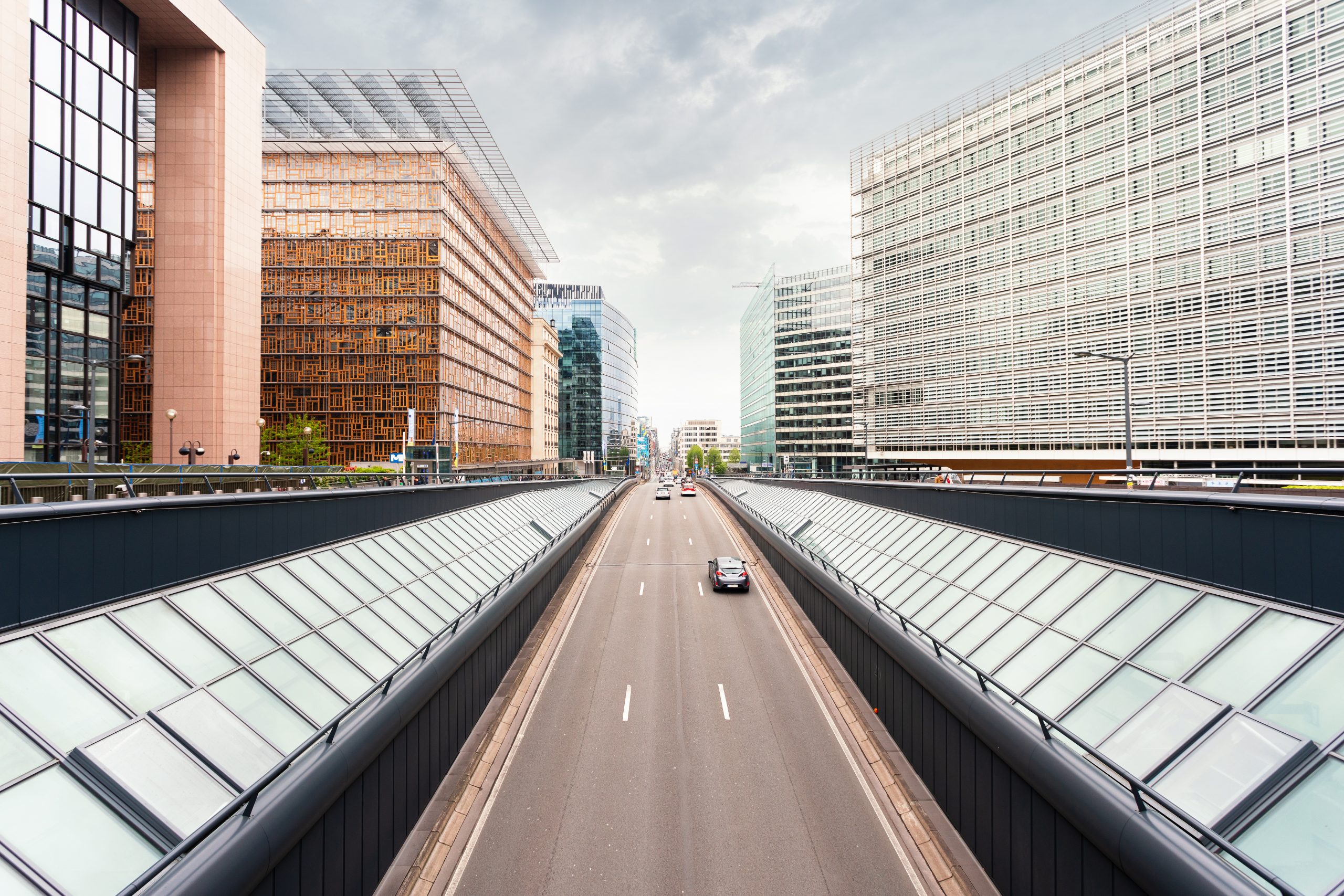 Panoramic view of Lua Street and the Modern Office Quarter in Brussels near European Commission headquarters, Belgium