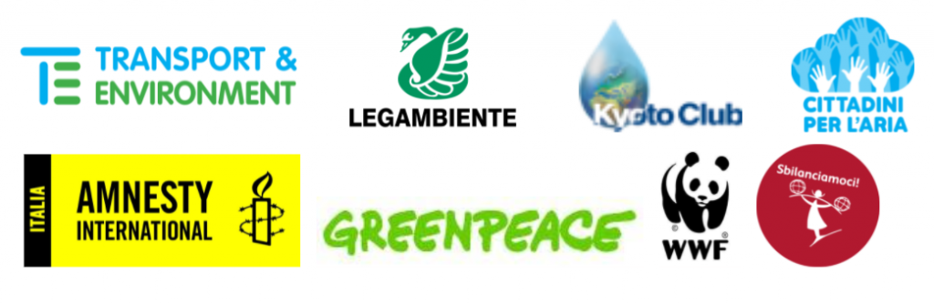 Logos T&E, Legambiente, Kyoto Club, Cittadini per l'aria, amnesty international, greenpeace, WWF, Sbilanciamoci